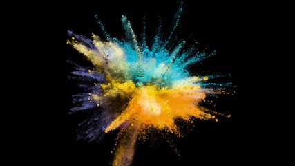 Colored powder explosion, abstract close up dust isolated on black background in slow motion