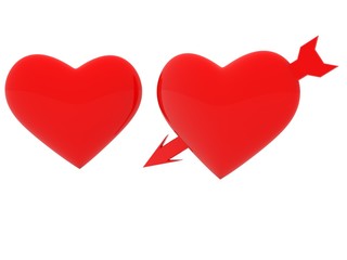 Two red hearts, one shot with an arrow