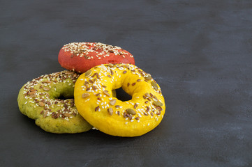 homemade colored bagels. natural dye. beets, spinach, carrots.
