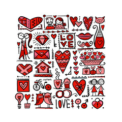 Valentine's day card design. Love icons collection. Wedding set.