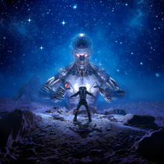 Sentinel of Titan / 3D illustration of retro science fiction scene showing astronaut encountering giant alien robot on desert planet © grandeduc