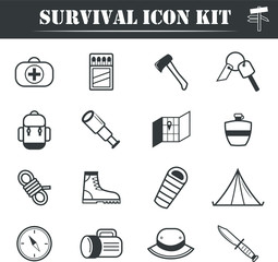 Survival, hiking, camping, bushcraft line icon set. Outdoor equipment icon kit.