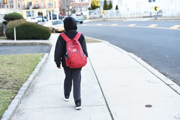 Portrait of the cute african american boy who is going to school with his school  backpack. Student mixed boy on his way to the school. Study for children. Road. Shooting on the july 2018. 