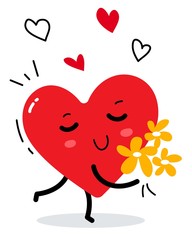 Vector illustration of red happy heart character with flower bou