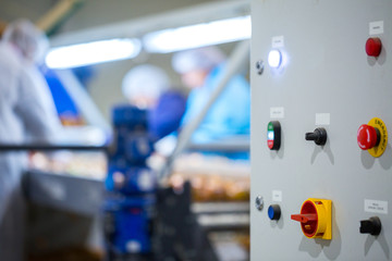 Device control panel of conveyor sorting line. Production facilities for grading, packing and storage of crops, foods or goods of large agricultural companies. Workers in defocus in the background.