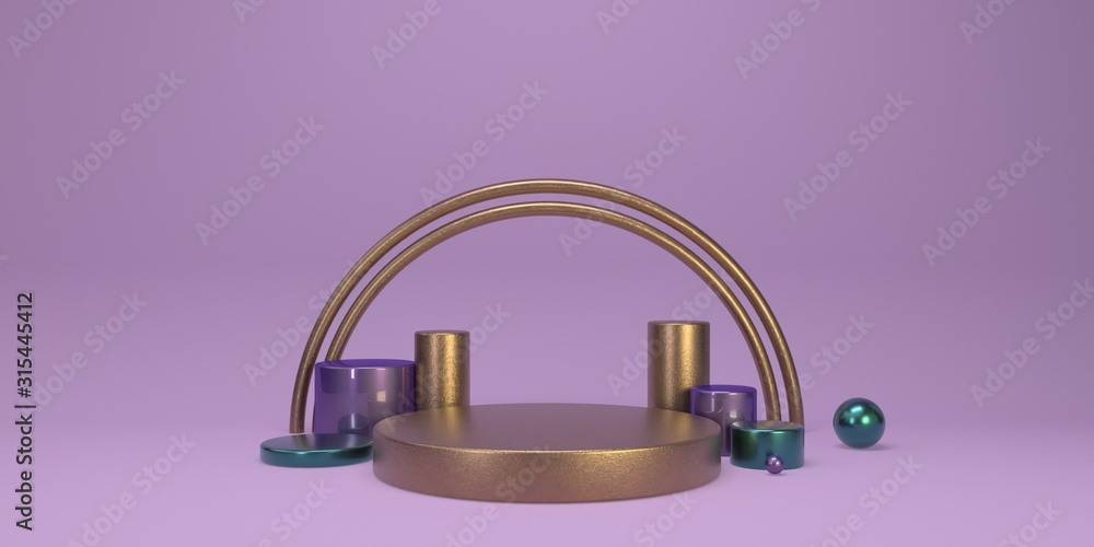 Poster minimal purple studio background with podiums and geometric primitives composition for product 3d re
