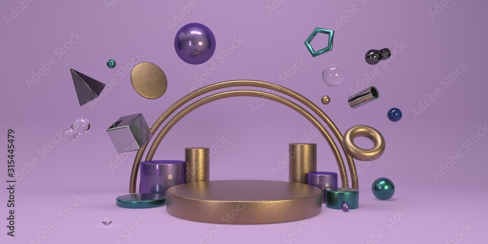 Poster minimal purple studio background with podiums and flying geometric primitives composition for produc