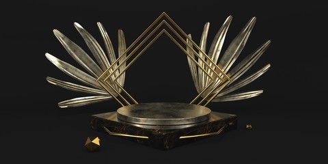 Modern black studio background with metallic podiums and leafs for product 3d render