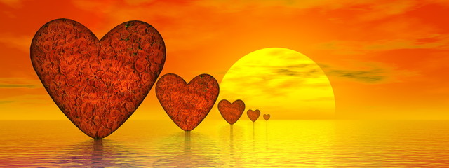 Fototapeta premium Row of heart full of roses at sunset for Valentine's Day - 3D render