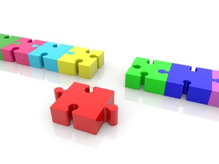 A red puzzle piece in the foreground of a colored puzzle row