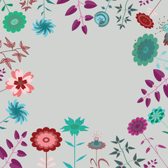 Floral frame. Vector illustration of violet, red and pink flowers  on light grey background