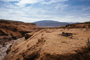 The bottom of the empty Studena dam near Pernik, Bulgaria. Hot weather and climate changes makes the dam almost empty. November 2019. Climate disaster.