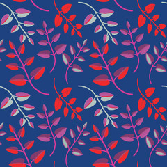 Leaves seamless pattern. Vector illustration of blue and pink leaves on blue background