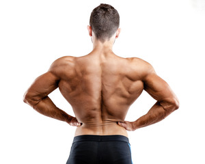 Fototapeta na wymiar Rear view of healthy muscular young man with his arms stretched out isolated