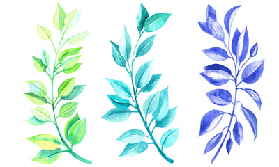Clip art set with spring leaves. Isolated elements  on a white background. Stock illustration. Hand  painted in watercolor.