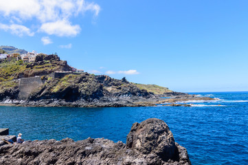 Beautiful Traditional Canary Houses Hanging On A Cliff Facing The Sea In Garachico. April 14, 2019....
