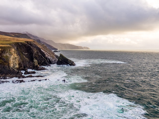 Aerial view of the beautiful coast at Malin Beg looking in County Donegal, Ireland.