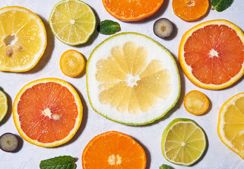 assorted fresh j slices of citrus orange, Mandarin, grapefruit, kumquat, lemon and lime are laid out on a light table