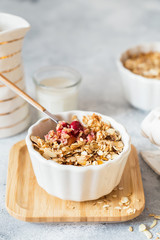 Cherry and Apricot crumble pie. Fruit Crumble with Any Kind of Fruit. Dessert with fruits, oatmeal and almonds. Berry cake, crisp in baking dish. Crispy cake