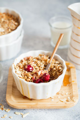 Cherry and Apricot crumble pie. Fruit Crumble with Any Kind of Fruit. Dessert with fruits, oatmeal...