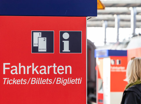 Munich, Germany - April 06, 2019 : Train Ticket Vending Machines At Munich Main Train Station Or Munich Hauptbahnhof, Served By Both National And International Trains