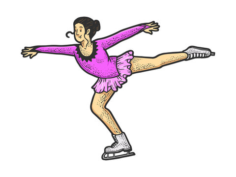 Ice skating girl performing figure skating sketch engraving vector illustration. T-shirt apparel print design. Scratch board imitation. Black and white hand drawn image.