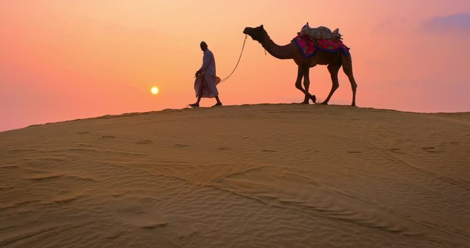 Indian cameleer (camel driver) bedouin with camel in sand dunes of Thar desert on sunset. Rajasthan travel tourism background safari adventure. Jaisalmer, Rajasthan, India