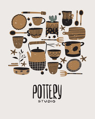 Hand made pottery vector illustration for home and restaurant. Ceramics or pottery lessons banner to promote your studio. Authentic kitchen cookware and utencils. Isolated porcelain, earthenware.