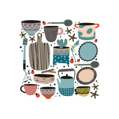 Hand made pottery vector illustration for home and restaurant. Ceramics or pottery lessons banner to promote studio. Authentic kitchen cookware and utencils. Isolated porcelain, crockery, earthenware.
