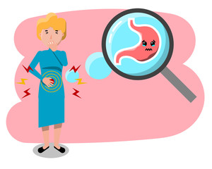 Stomach ache vector illustration. Female cartoon character with abdominal pain. Woman with diarrhea, stomach sickness or other health problems.