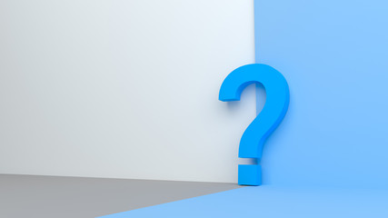 Question mark on light blue and gray background. Wall divided into two halves, banner, space for text.