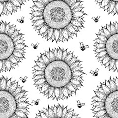 Sunflower and bee seamless pattern. Hand drawn background.Sketch vector illustration. Cute design with sunflower.