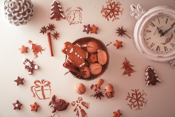 Beautiful Christmas background cookies and cap of coffee