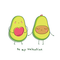 Happy Valentines day greeting card. Hand drawn cute avocado with pink heart. Vector.