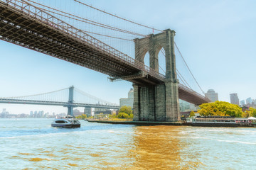 Brooklyn Bridge, New York City.  East River,  boat tour journey