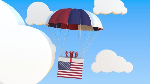 Box with national flag of the United States falls with a parachute. Loopable conceptual 3D animation