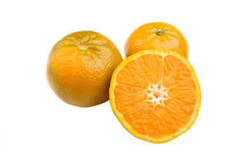 half of ripe orange and tangerine, isolated on white