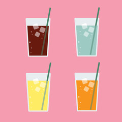 Different cold fresh drinks in glasses flat vector illustration on a pink background