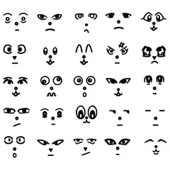 Cartoon kawaii eyes and mouths. Cute emoticon emoji characters in japanese style. Vector emotion smile cartoon, kawaii japanese anime illustration