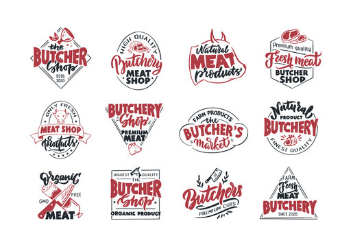 Butchery, Meat shop, fresh meat, emblems, stamps. Set of retro handmade badges, labels and logo elements, symbols, phrases, slogans