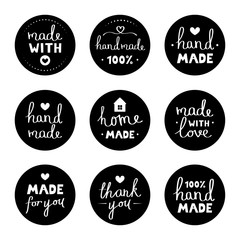 Fototapeta na wymiar Handmade fashion and crafts badges with different inscriptions. Set hand drawn label. Vector illustration