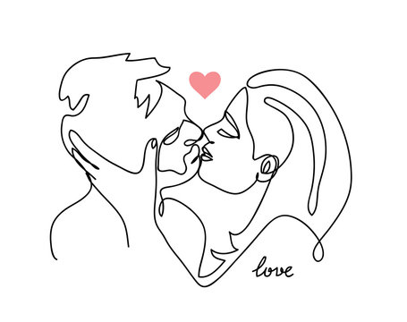 line art drawing cute couple kiss romantic. Stock Vector