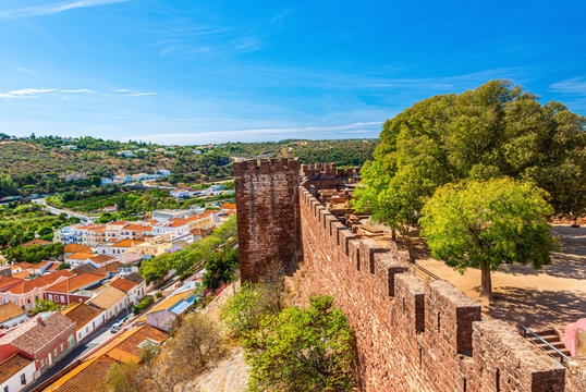 Panoramic picture over courtyard of Castelo de Silves in Portugal without people in summer