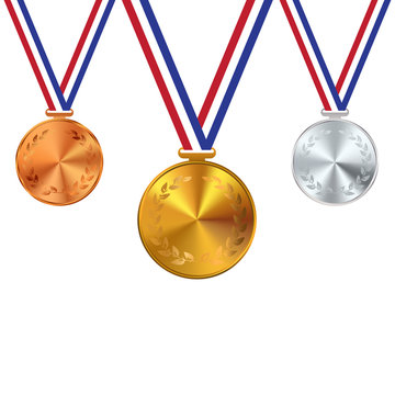 Winner Gold, Silver, Bronze Medals Set Vector. Metal Realistic Badge With First, Second, Third Placement Achievement. Competition Golden, Silver, Bronze Trophy