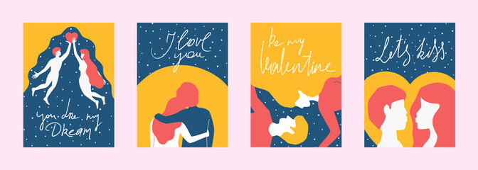 Set vintage couple in love simple shape style poster with hand drawn lettering for valentines day