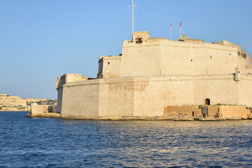 Fort St Angelo (Forti Sant Anglu), located at Birgu Waterfront, Malta, Vittoriosa bay of the Mediterranean sea - 315463405