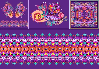 Tischdecke Set von Blumenmustern im indischen Kalamkari-orientalischen ethnischen Stil, Paisley-Design-Bandanna © Kara-Kotsya
