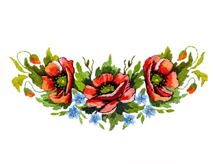 Embroidered poppies flowers. Ukrainian hand embroidery. Isolated on a white background. - 315464470