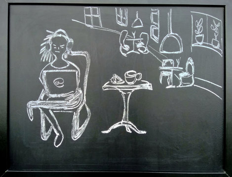 Photo of hand drawn chalk doodles on the blackboard. Black and white sketch illustration with space for lettering concerning remote job with computer.