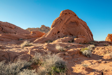 USA, Nevada, Clark County, Valley of Fire State Park. Large red rock sandstone fins along the Rainbow Vista Trail.